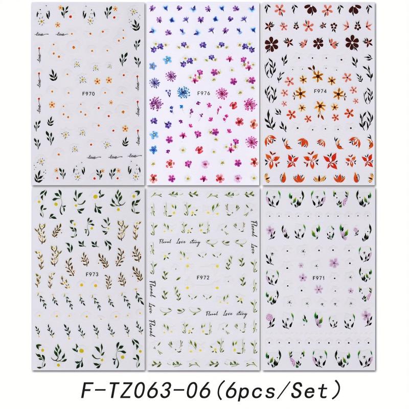 6 Sheets Spring Flower Nail Art Stickers Self Adhesive Decals for DIY Nail Art