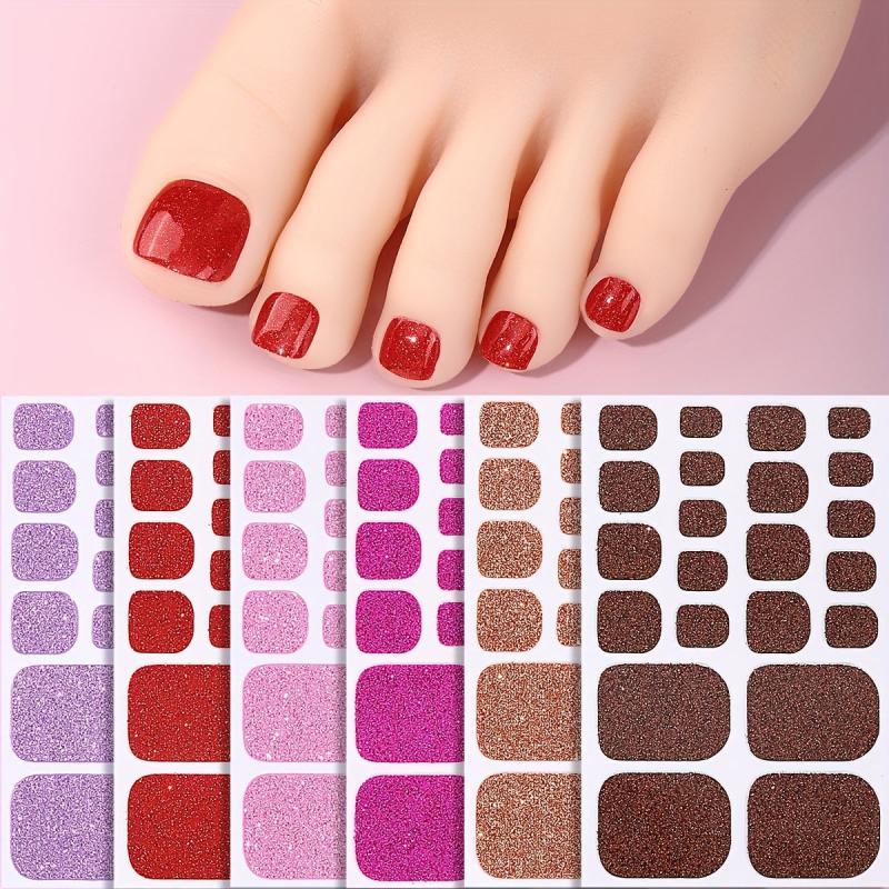 Glitter Toe Nail Stickers Full Nail Wraps Solid Toenail Polish Strips