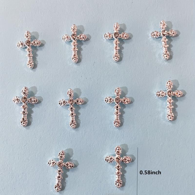 10pcs French 3D Cross Nail Charms Silver Rhinestone Accents for Women's Nails