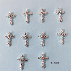 10pcs French 3D Cross Nail Charms Silver Rhinestone Accents for Women's Nails