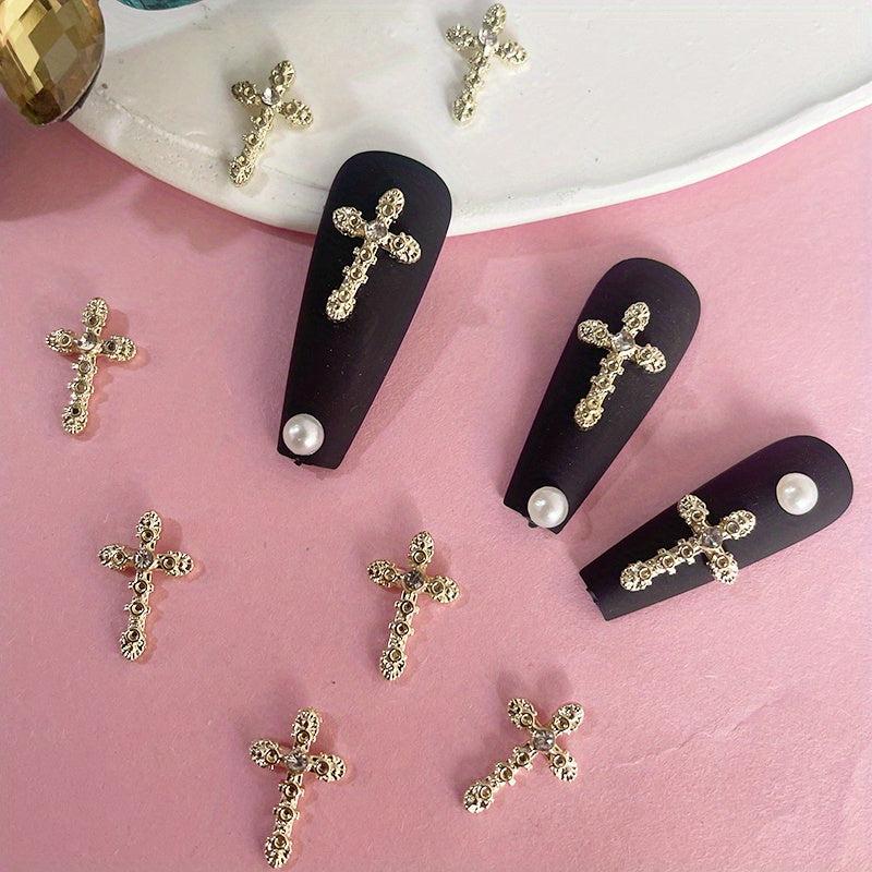10pcs French 3D Cross Nail Charms Silver Rhinestone Accents for Women's Nails