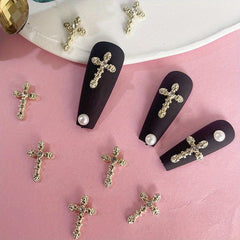 10pcs French 3D Cross Nail Charms Silver Rhinestone Accents for Women's Nails