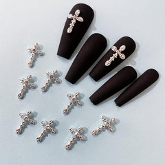 10pcs French 3D Cross Nail Charms Silver Rhinestone Accents for Women's Nails
