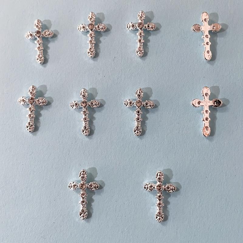 10pcs French 3D Cross Nail Charms Silver Rhinestone Accents for Women's Nails