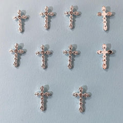 10pcs French 3D Cross Nail Charms Silver Rhinestone Accents for Women's Nails
