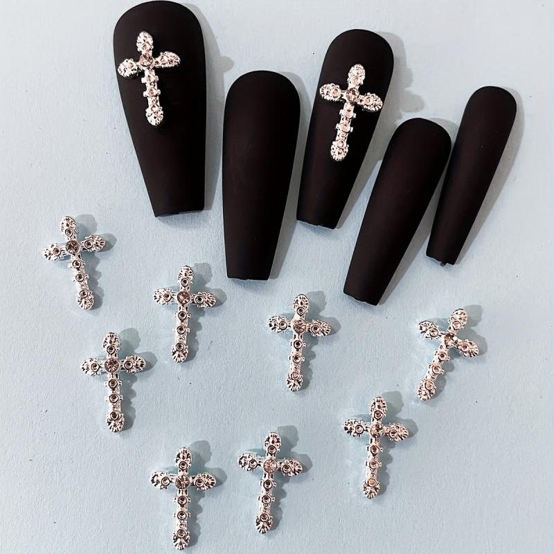 10pcs French 3D Cross Nail Charms Silver Rhinestone Accents for Women's Nails