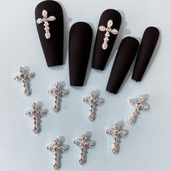 10pcs French 3D Cross Nail Charms Silver Rhinestone Accents for Women's Nails