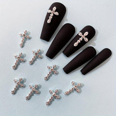 10pcs French 3D Cross Nail Charms Silver Rhinestone Accents for Women's Nails