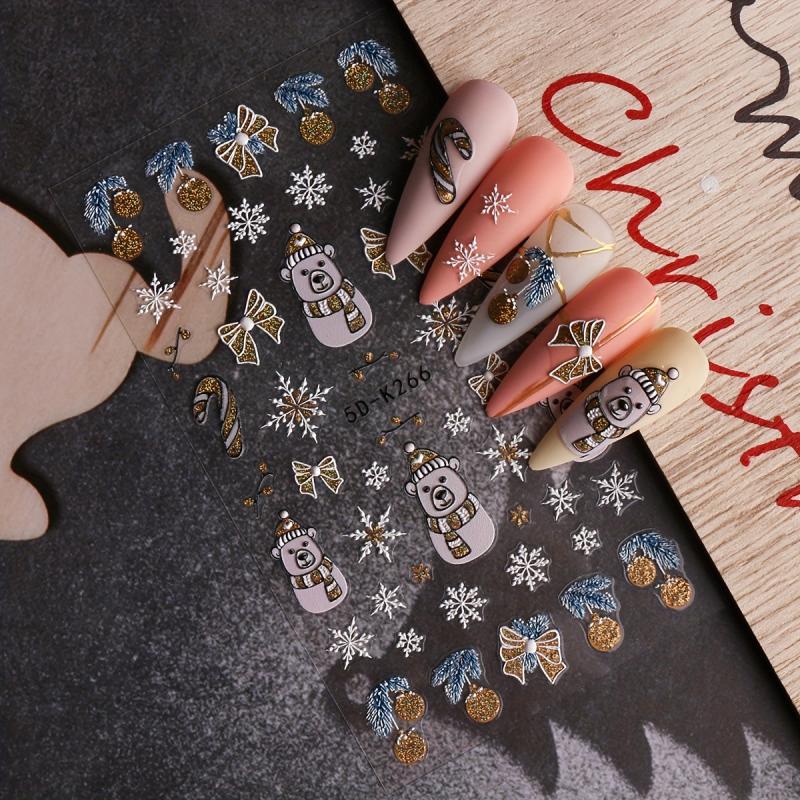 5D Embossed Christmas Nail Art Stickers Snowman Santa Claus Decals