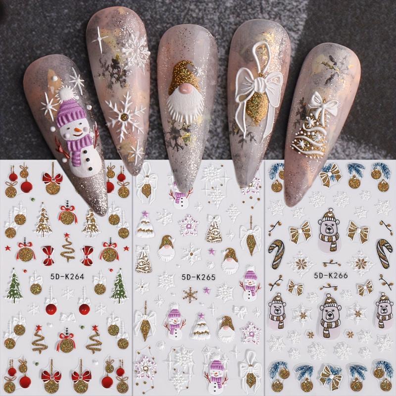 5D Embossed Christmas Nail Art Stickers Snowman Santa Claus Decals