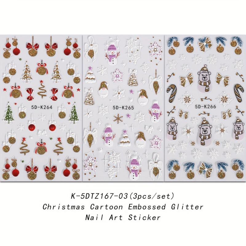 5D Embossed Christmas Nail Art Stickers Snowman Santa Claus Decals