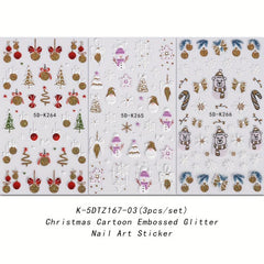5D Embossed Christmas Nail Art Stickers Snowman Santa Claus Decals