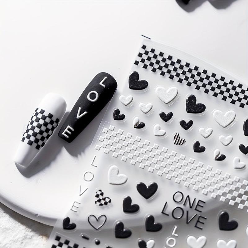 5D Embossed Nail Art Stickers Nail Decals Heart Checkerboard Nail Adhesive