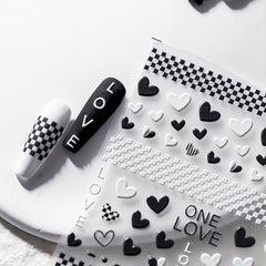 5D Embossed Nail Art Stickers Nail Decals Heart Checkerboard Nail Adhesive