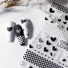 5D Embossed Nail Art Stickers Nail Decals Heart Checkerboard Nail Adhesive