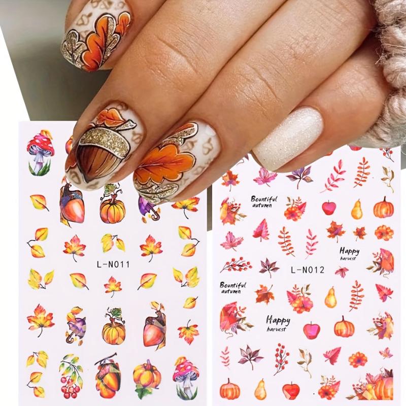 2pcs Maple Leaf 3D Nail Stickers Thanksgiving Pumpkin Pattern DIY Nail Art Decor