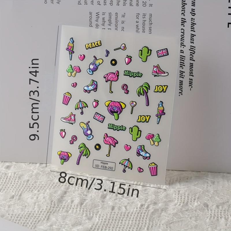 5D Embossed Cartoon Nail Art Stickers Bird Mushroom Palm Tree Nail Art Decals