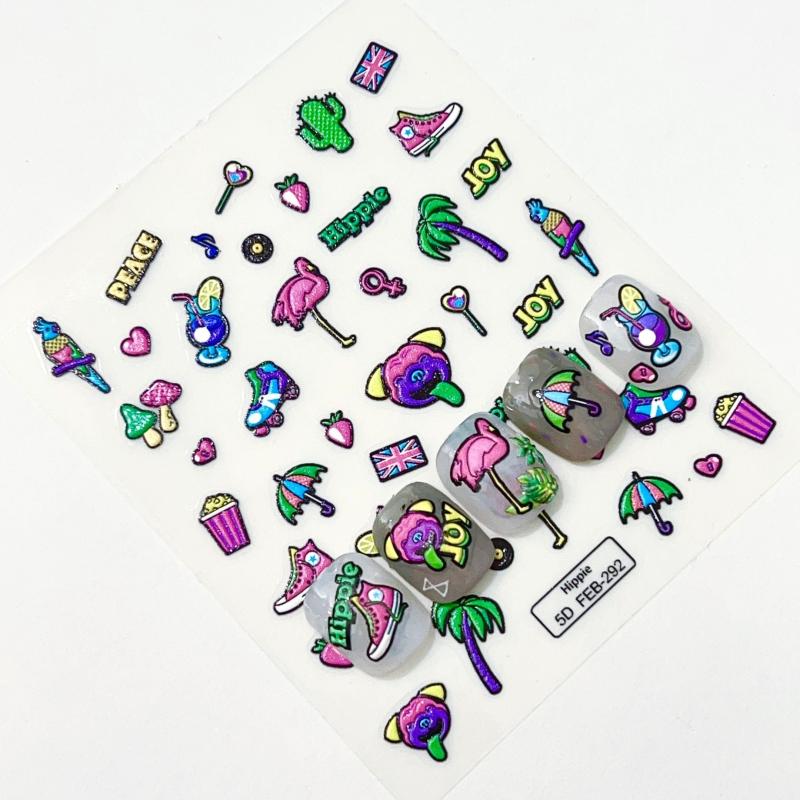 5D Embossed Cartoon Nail Art Stickers Bird Mushroom Palm Tree Nail Art Decals