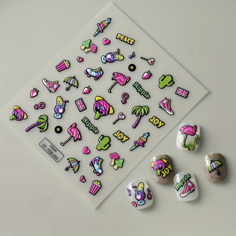 5D Embossed Cartoon Nail Art Stickers Bird Mushroom Palm Tree Nail Art Decals