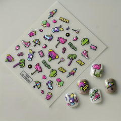 5D Embossed Cartoon Nail Art Stickers Bird Mushroom Palm Tree Nail Art Decals