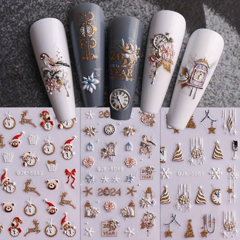 5D Embossed Christmas Nail Art Stickers Snowflake Christmas Tree Nail Art Decals