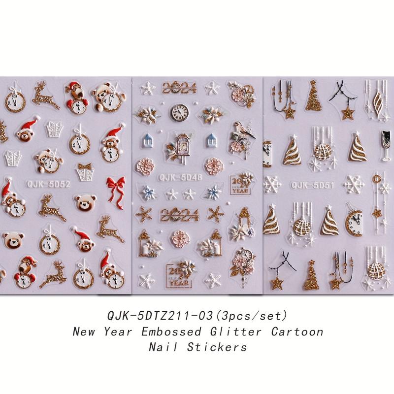 5D Embossed Christmas Nail Art Stickers Snowflake Christmas Tree Nail Art Decals