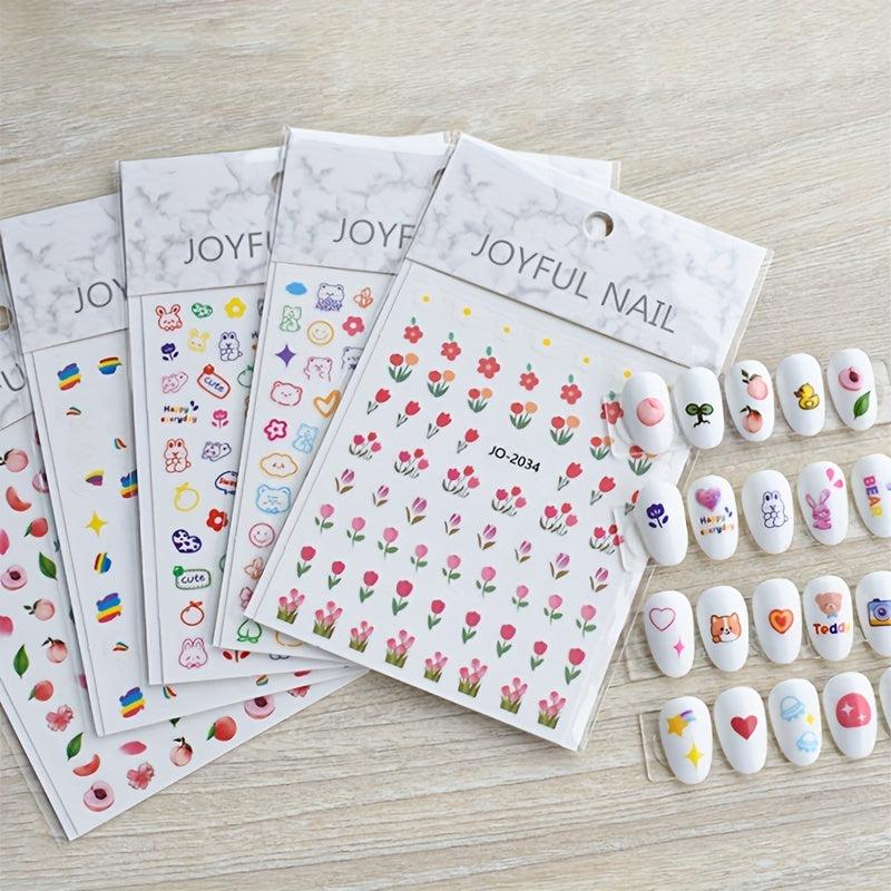 24pcs Cartoon Nail Art Stickers Fruit Flower Bunny Bear Self Adhesive Decals