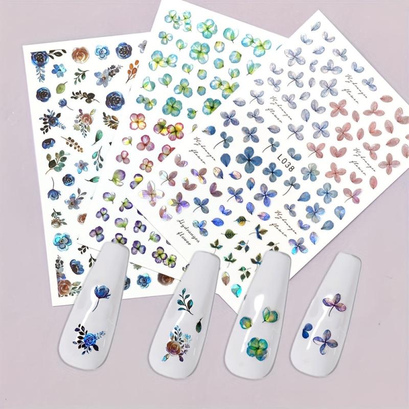 Holographic Laser Flower Nail Stickers Decals, Self Adhesive Art Supplies