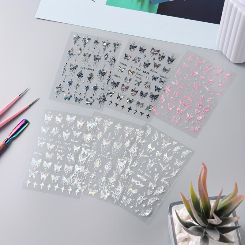 6pcs 3D Laser Aurora Butterfly Nail Art Stickers Self Adhesive Decals
