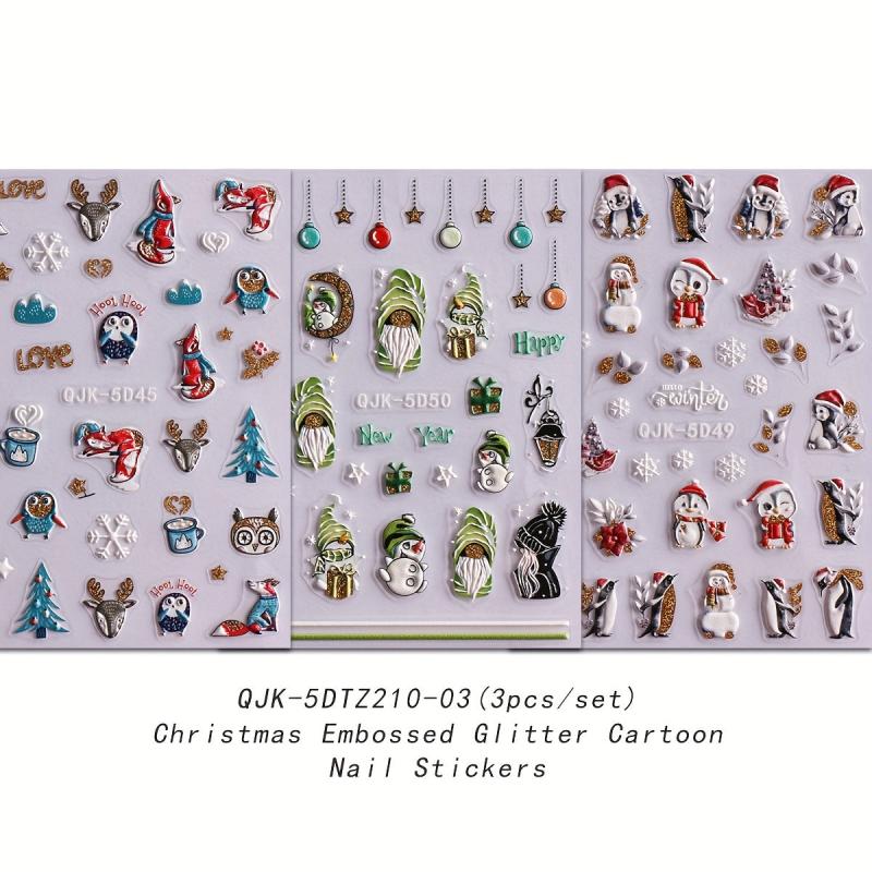 5D Glitter Christmas Nail Stickers Santa Snowman Snowflake Tree Nail Art Decals