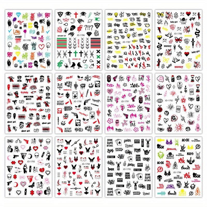 12pcs Halloween Nail Art Stickers Clown Skeleton Bubble Decals