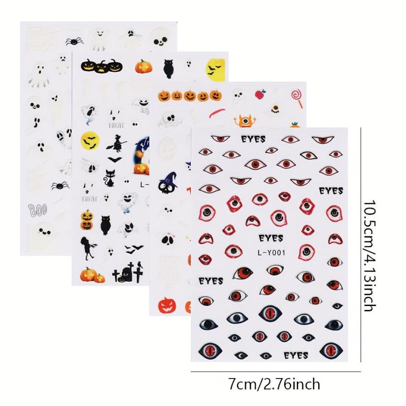 4pcs Luminous Halloween Nail Art Stickers - Pumpkin Ghost Monster Nail Decals