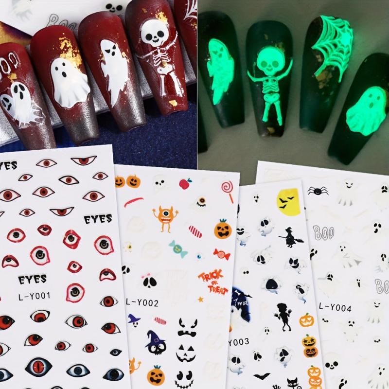 4pcs Luminous Halloween Nail Art Stickers - Pumpkin Ghost Monster Nail Decals