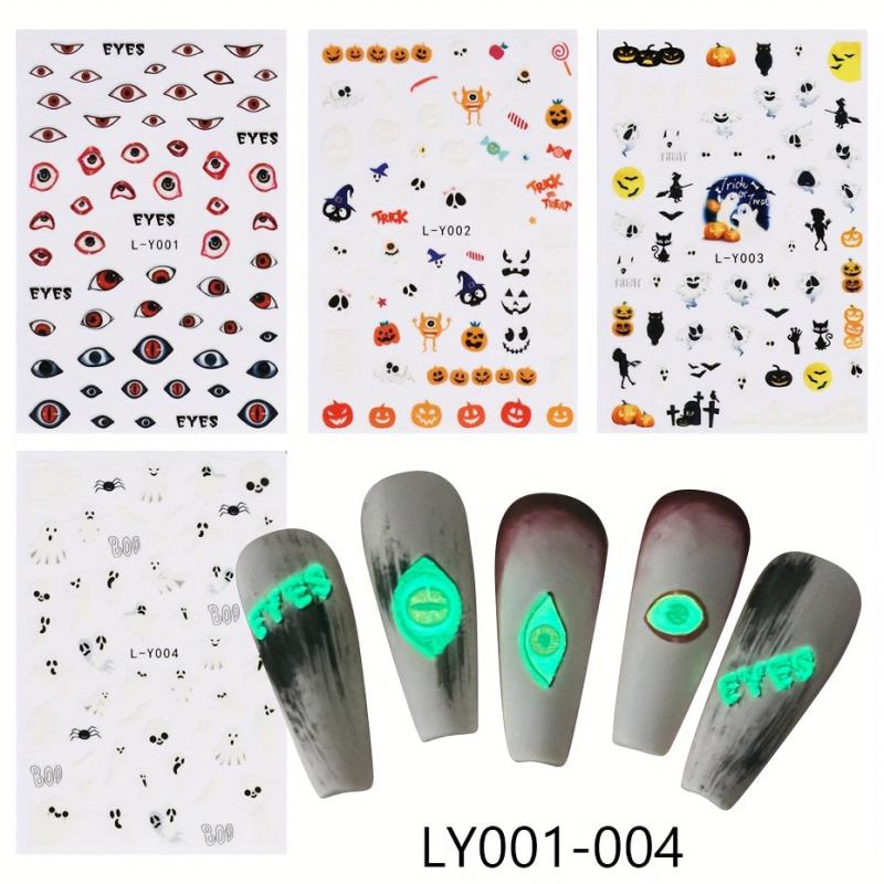 4pcs Luminous Halloween Nail Art Stickers - Pumpkin Ghost Monster Nail Decals