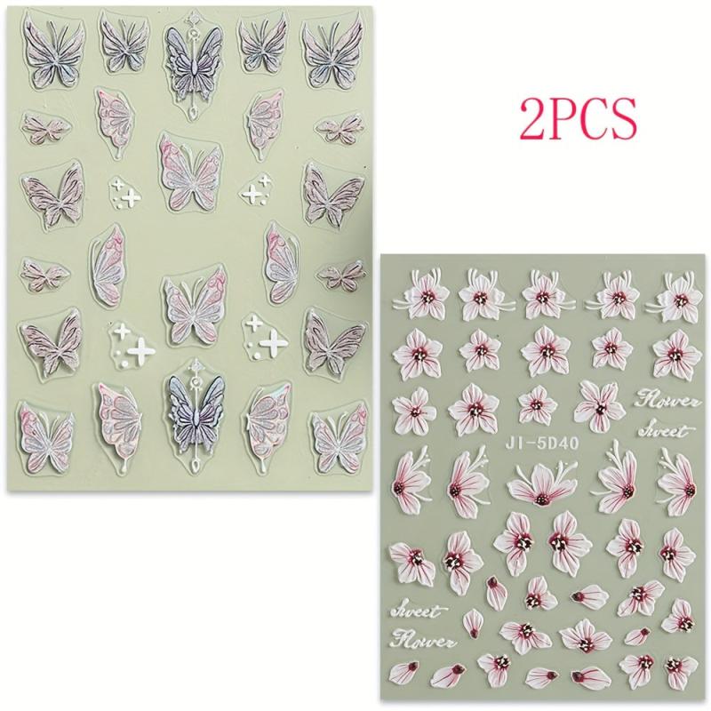 2pcs 5D Embossed Butterfly Flower Nail Polish Stickers