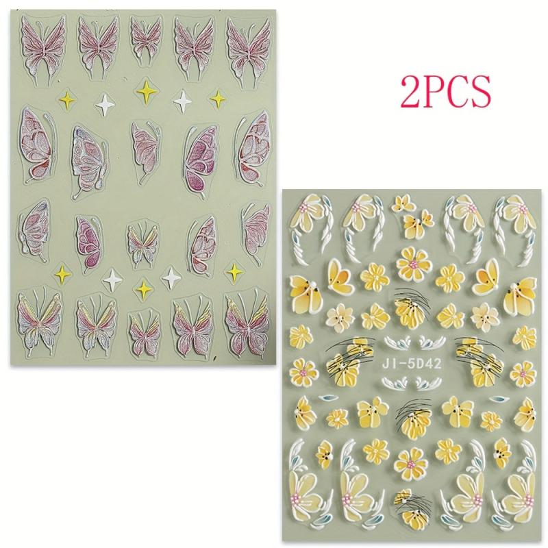 2pcs 5D Embossed Butterfly Flower Nail Polish Stickers