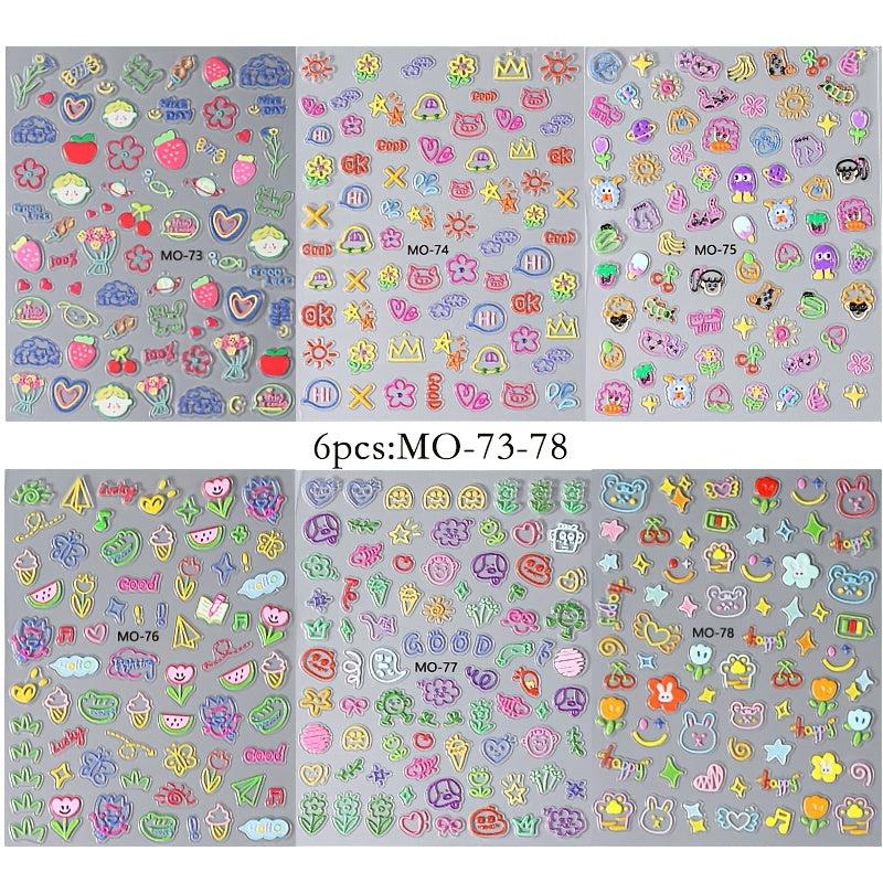 6 Sheets 5D Cartoon Nail Stickers Cat Heart Star Nail Decals