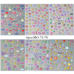 6 Sheets 5D Cartoon Nail Stickers Cat Heart Star Nail Decals