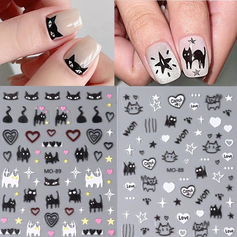 6 Sheets 5D Cartoon Nail Stickers Cat Heart Star Nail Decals