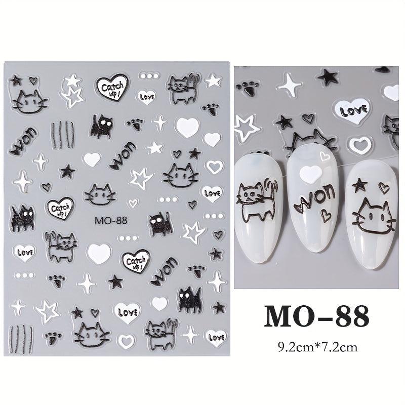 6 Sheets 5D Cartoon Nail Stickers Cat Heart Star Nail Decals