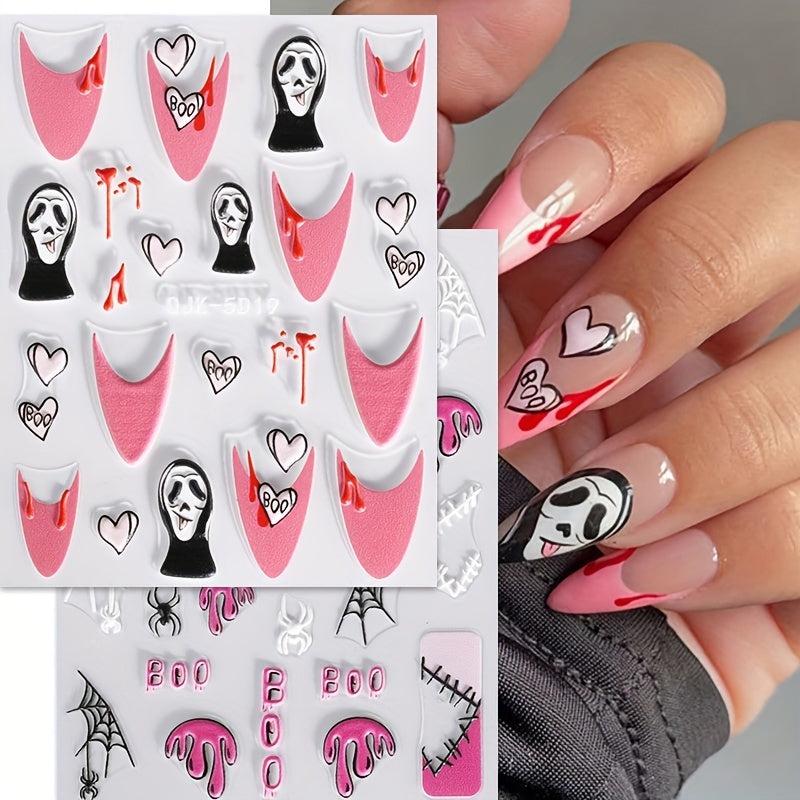 2pcs 5D Embossed Pink Halloween Nail Art Stickers