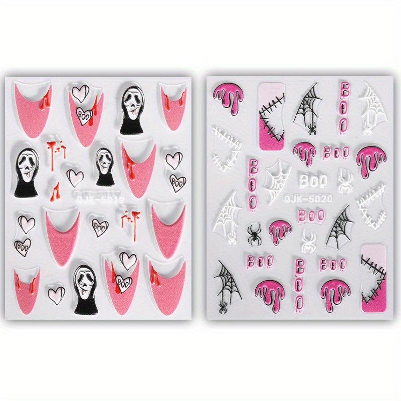 2pcs 5D Embossed Pink Halloween Nail Art Stickers