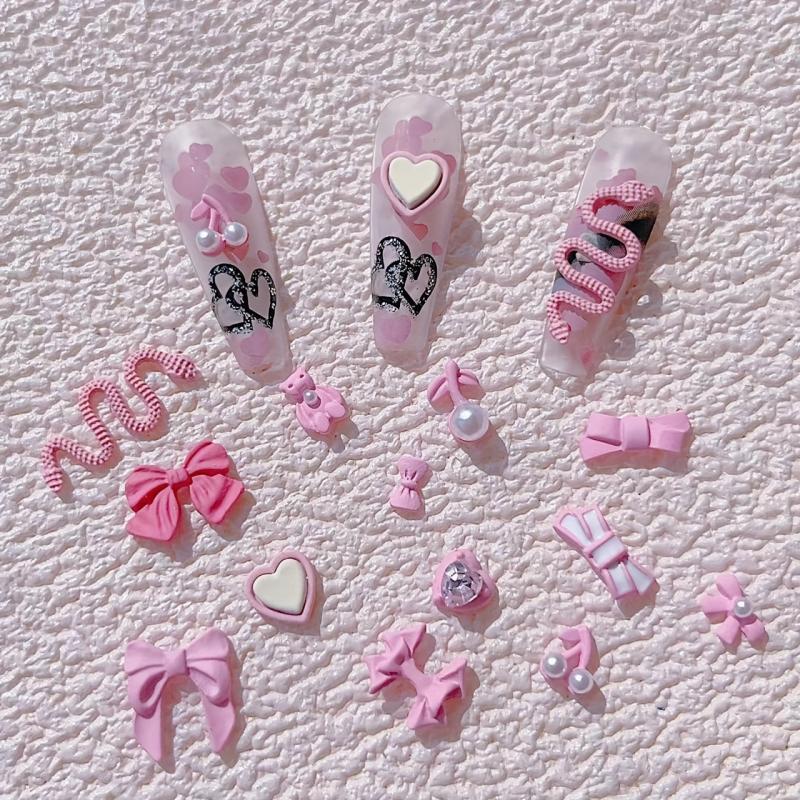 19pcs Pink Bear Bowknot Snake Heart Nail Charms