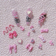 19pcs Pink Bear Bowknot Snake Heart Nail Charms