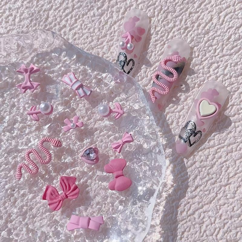 19pcs Pink Bear Bowknot Snake Heart Nail Charms