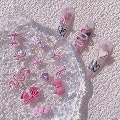 19pcs Pink Bear Bowknot Snake Heart Nail Charms