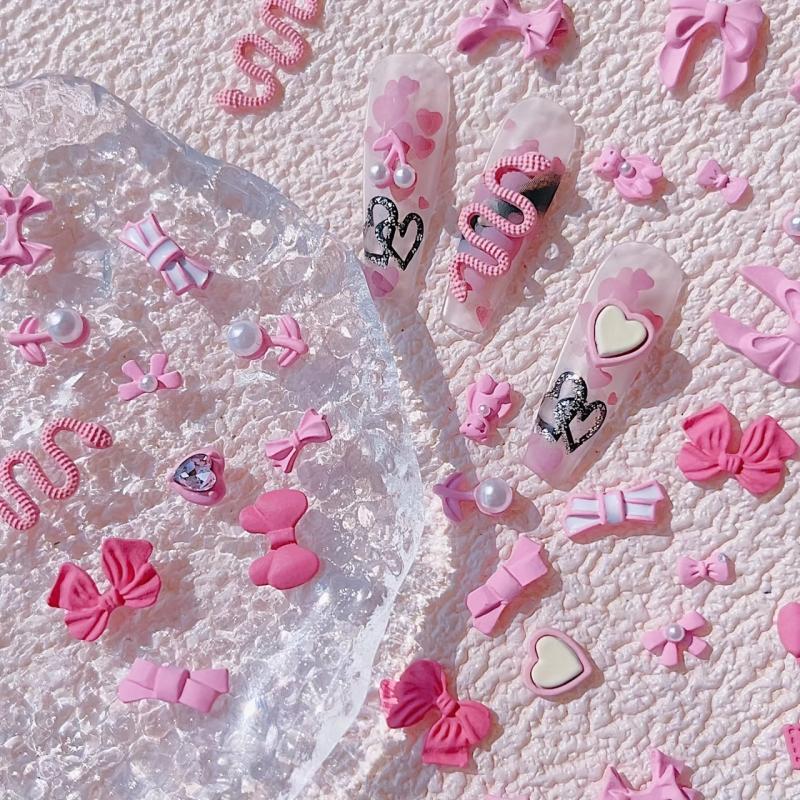 19pcs Pink Bear Bowknot Snake Heart Nail Charms