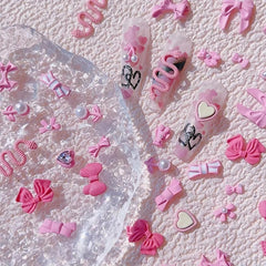19pcs Pink Bear Bowknot Snake Heart Nail Charms