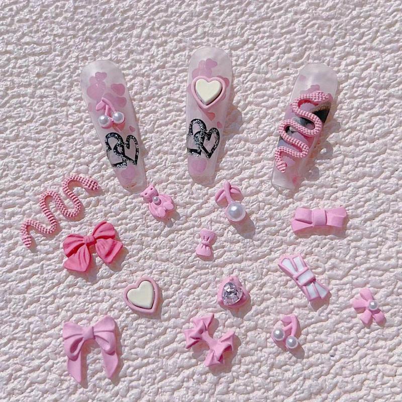 19pcs Pink Bear Bowknot Snake Heart Nail Charms