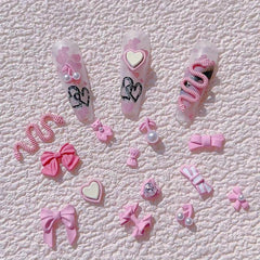19pcs Pink Bear Bowknot Snake Heart Nail Charms